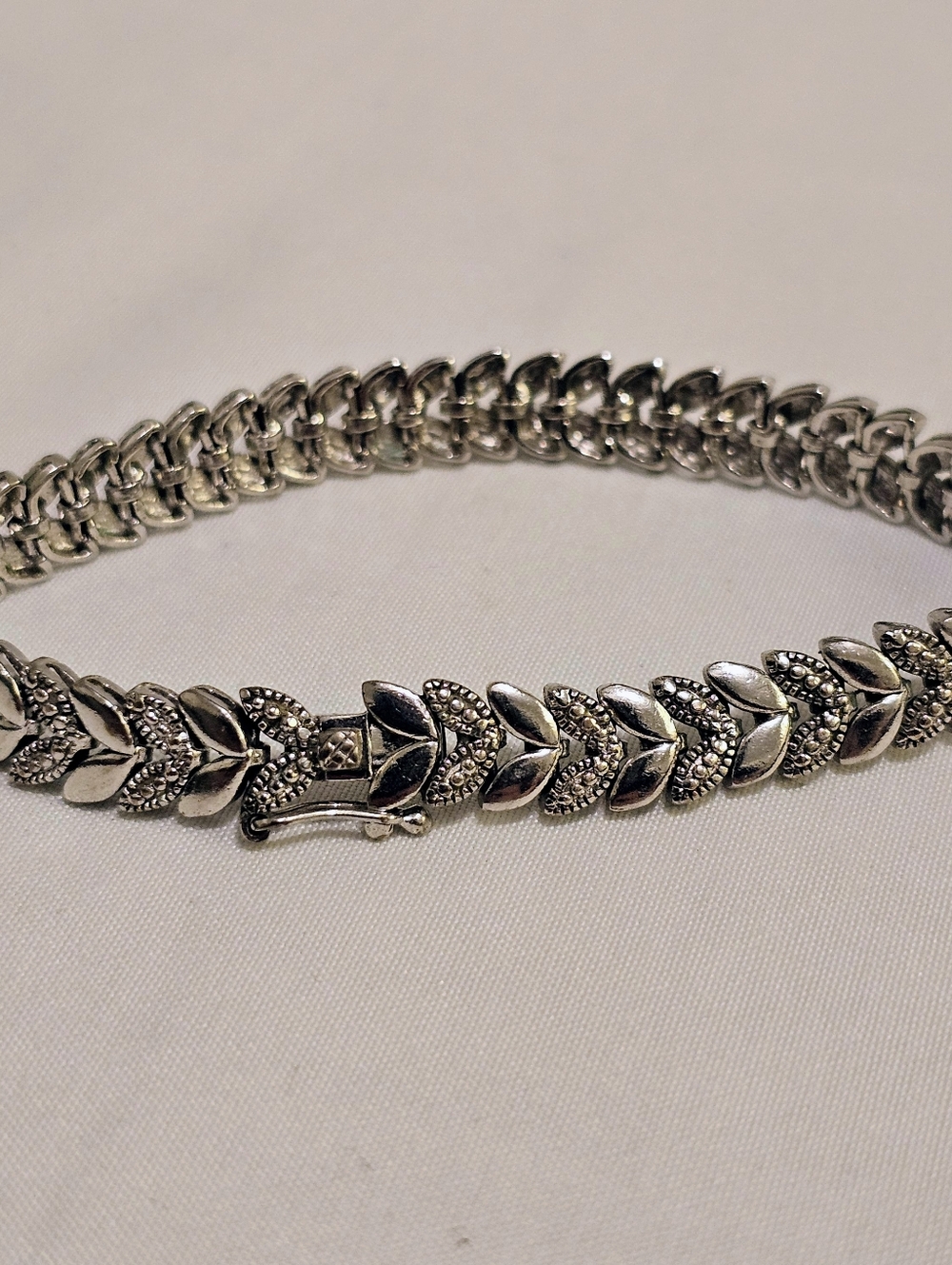 925 Sterling Silver Marcasite Wheat Link Tennis Bracelet 7.25" Art Deco  EUC